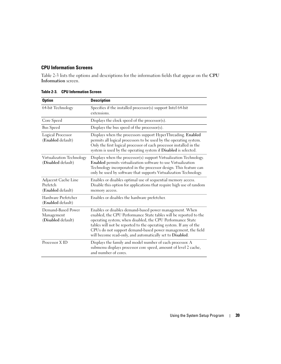 Cpu information screens | Dell PowerEdge 2900 User Manual | Page 39 / 182