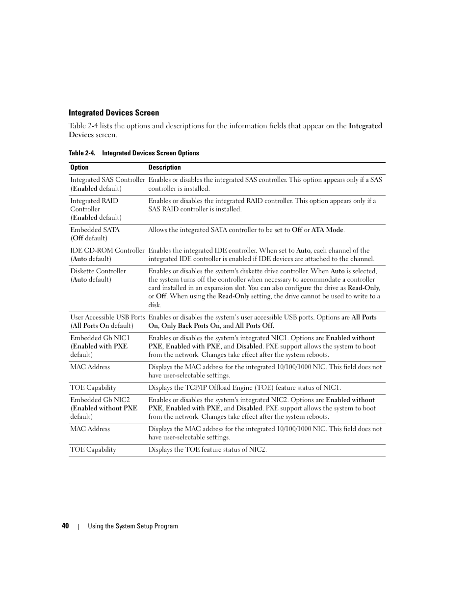 Integrated devices screen | Dell PowerEdge 2900 User Manual | Page 40 / 182