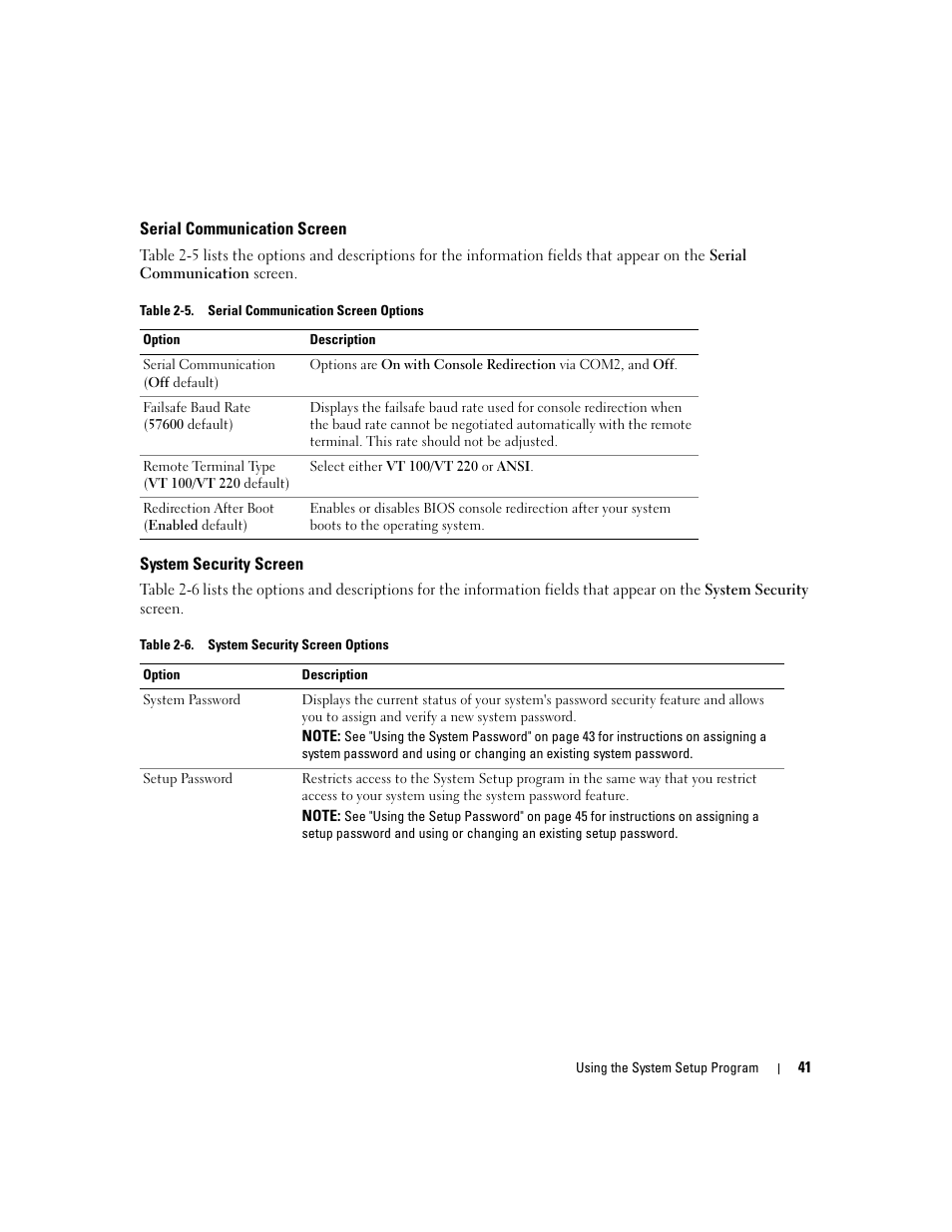 Serial communication screen, System security screen | Dell PowerEdge 2900 User Manual | Page 41 / 182