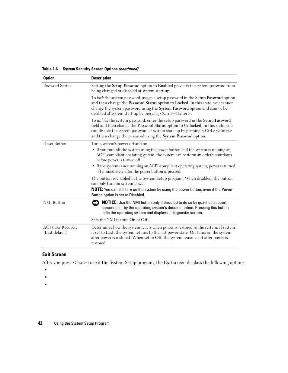 Exit screen | Dell PowerEdge 2900 User Manual | Page 42 / 182