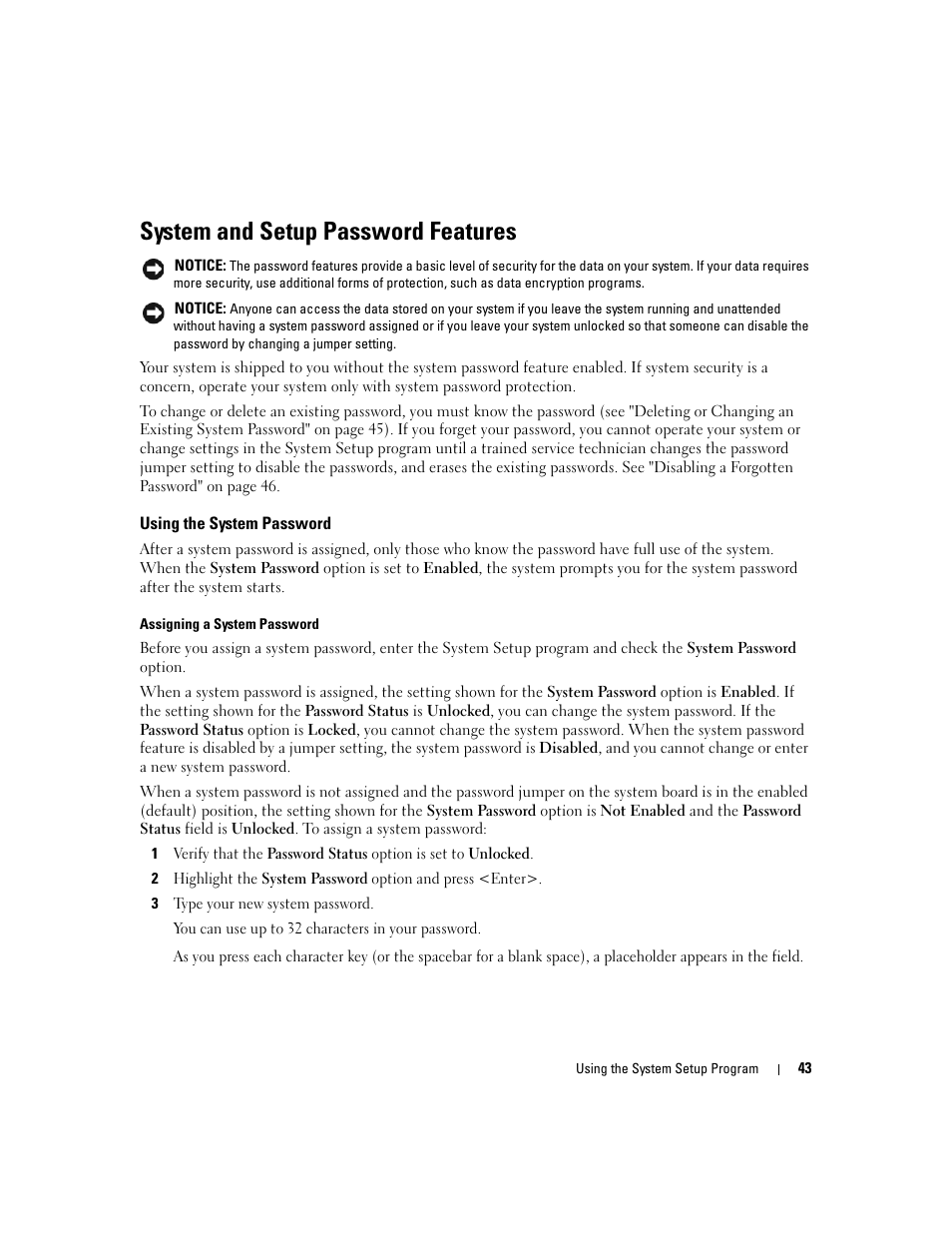 System and setup password features, Using the system password | Dell PowerEdge 2900 User Manual | Page 43 / 182