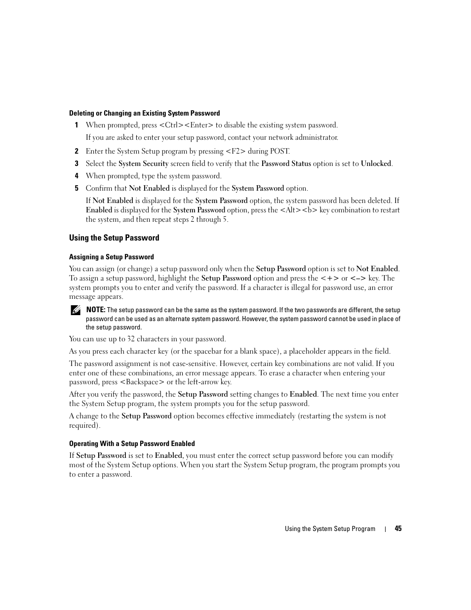 Using the setup password | Dell PowerEdge 2900 User Manual | Page 45 / 182