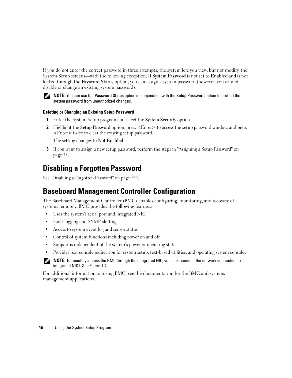 Disabling a forgotten password, Baseboard management controller configuration | Dell PowerEdge 2900 User Manual | Page 46 / 182