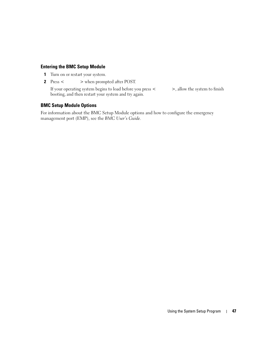 Entering the bmc setup module, Bmc setup module options | Dell PowerEdge 2900 User Manual | Page 47 / 182