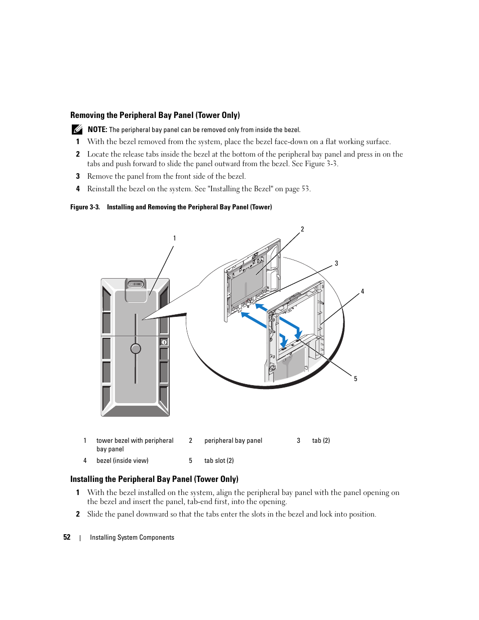 Removing the peripheral bay panel (tower only), Installing the peripheral bay panel (tower only) | Dell PowerEdge 2900 User Manual | Page 52 / 182