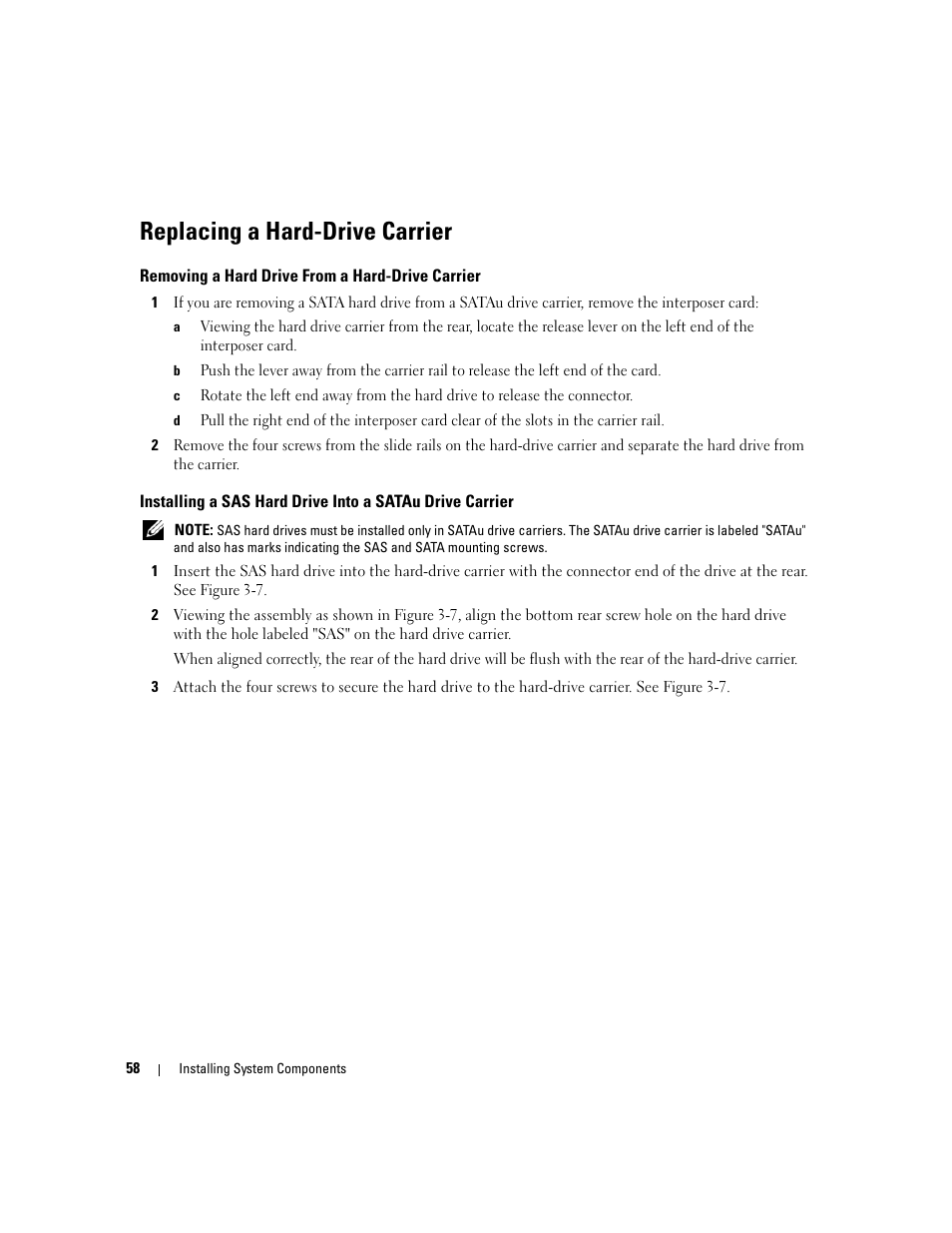 Replacing a hard-drive carrier, Removing a hard drive from a hard-drive carrier | Dell PowerEdge 2900 User Manual | Page 58 / 182