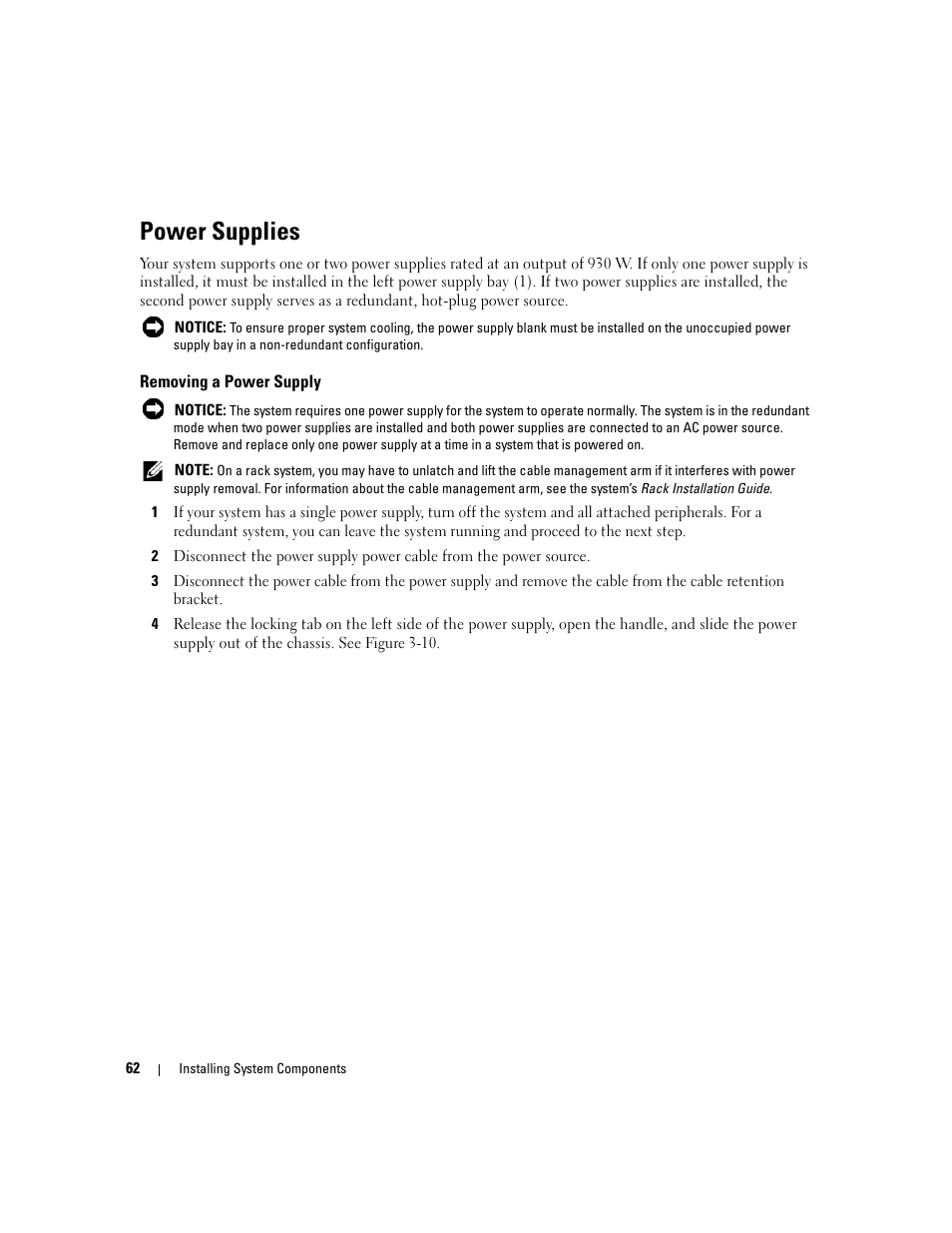 Power supplies, Removing a power supply | Dell PowerEdge 2900 User Manual | Page 62 / 182