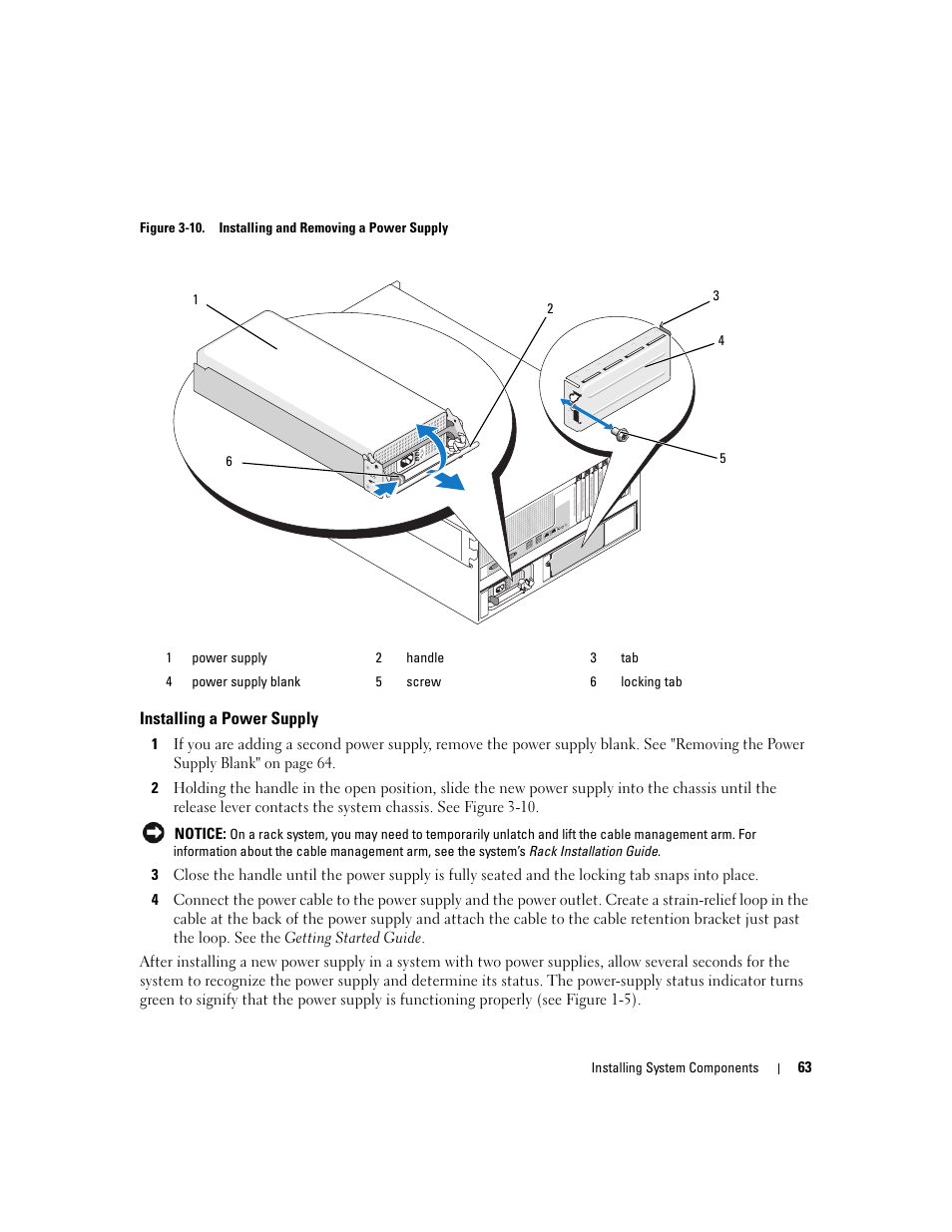 Installing a power supply | Dell PowerEdge 2900 User Manual | Page 63 / 182