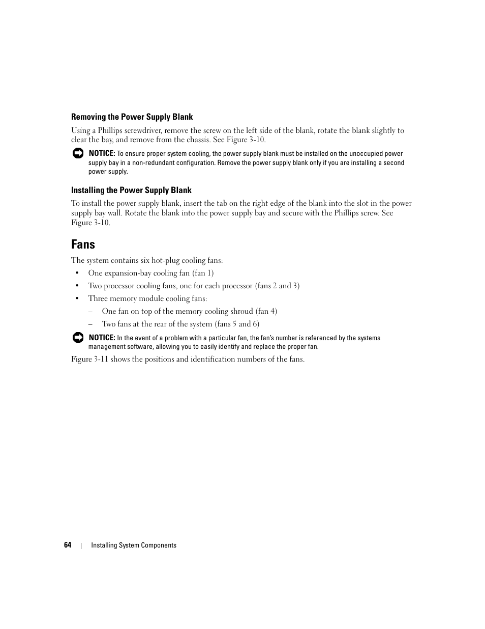 Removing the power supply blank, Installing the power supply blank, Fans | Removing the power | Dell PowerEdge 2900 User Manual | Page 64 / 182