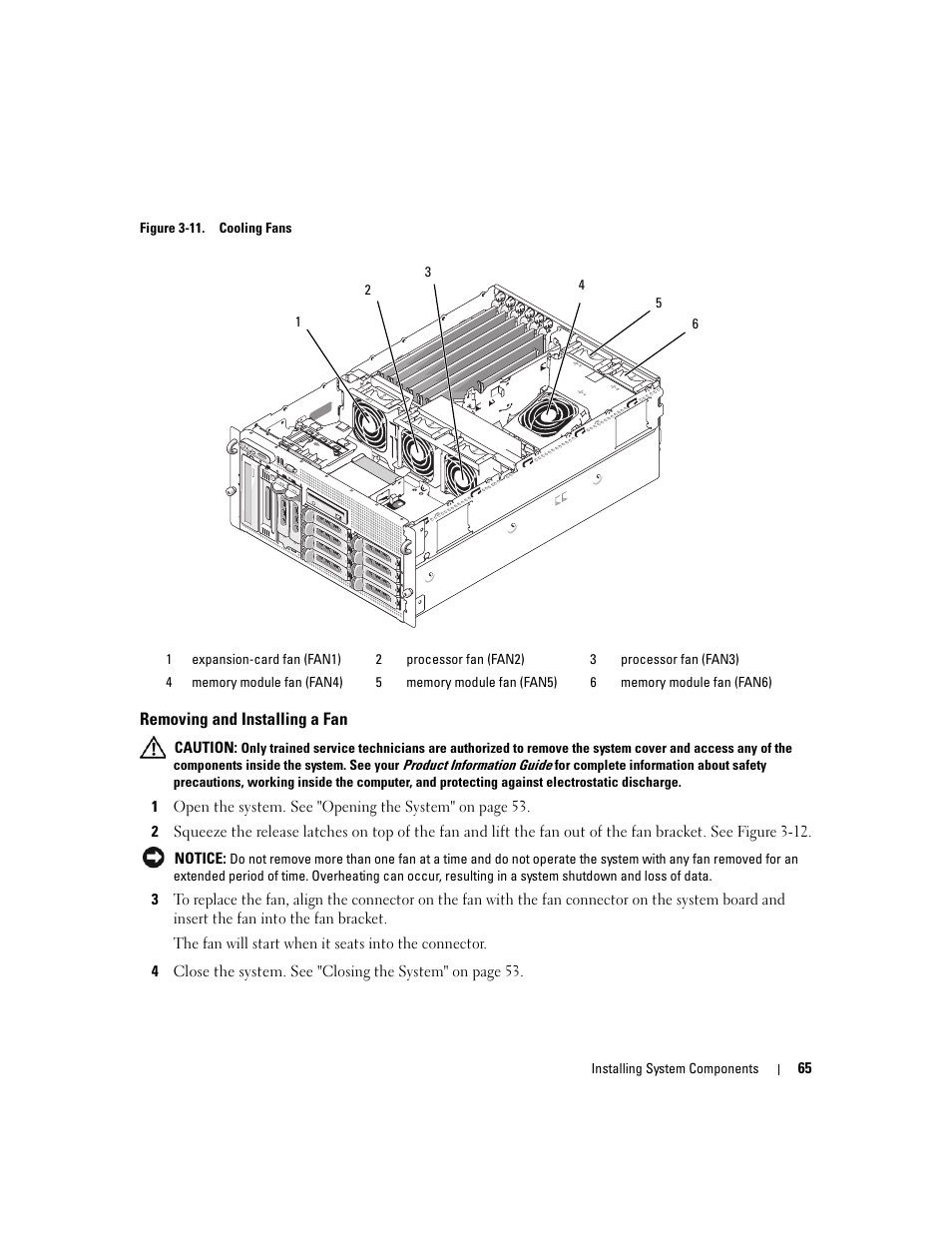 Removing and installing a fan | Dell PowerEdge 2900 User Manual | Page 65 / 182