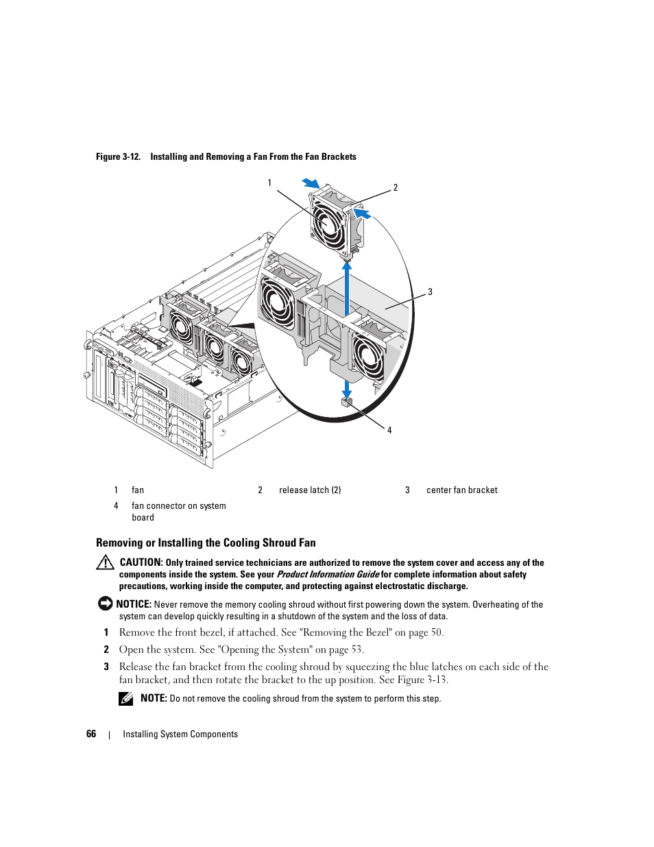 Removing or installing the cooling shroud fan | Dell PowerEdge 2900 User Manual | Page 66 / 182