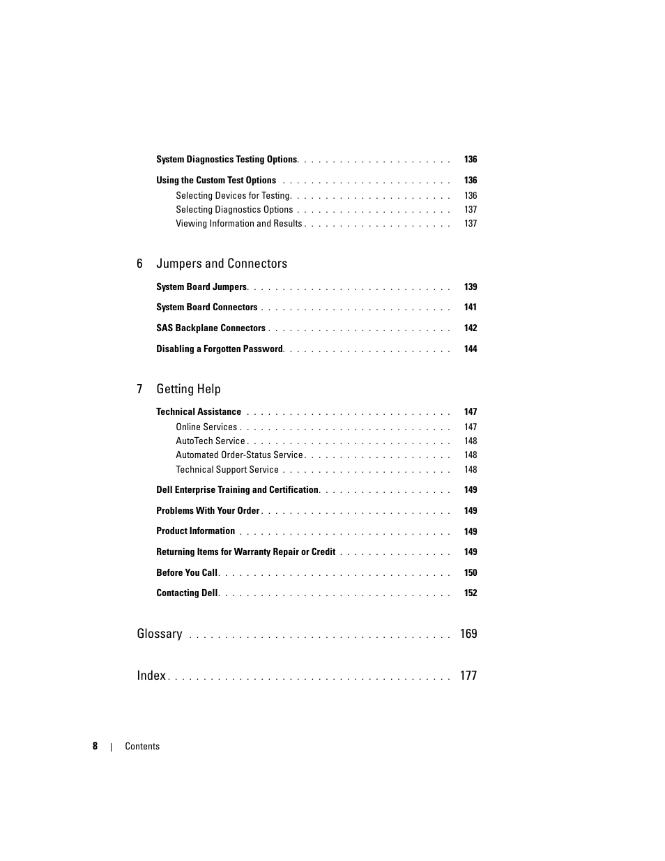 6jumpers and connectors, 7getting help, Glossary | 169 index | Dell PowerEdge 2900 User Manual | Page 8 / 182