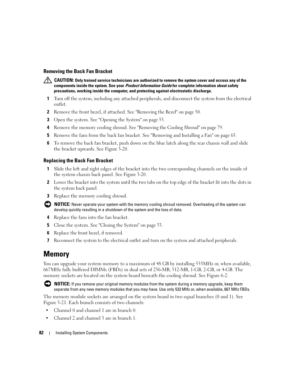 Removing the back fan bracket, Replacing the back fan bracket, Memory | Dell PowerEdge 2900 User Manual | Page 82 / 182