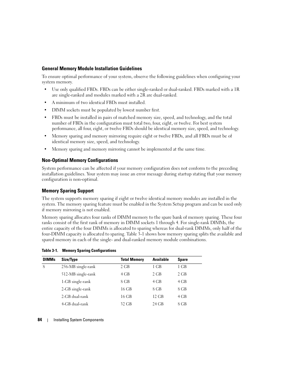 General memory module installation guidelines, Non-optimal memory configurations, Memory sparing support | Dell PowerEdge 2900 User Manual | Page 84 / 182