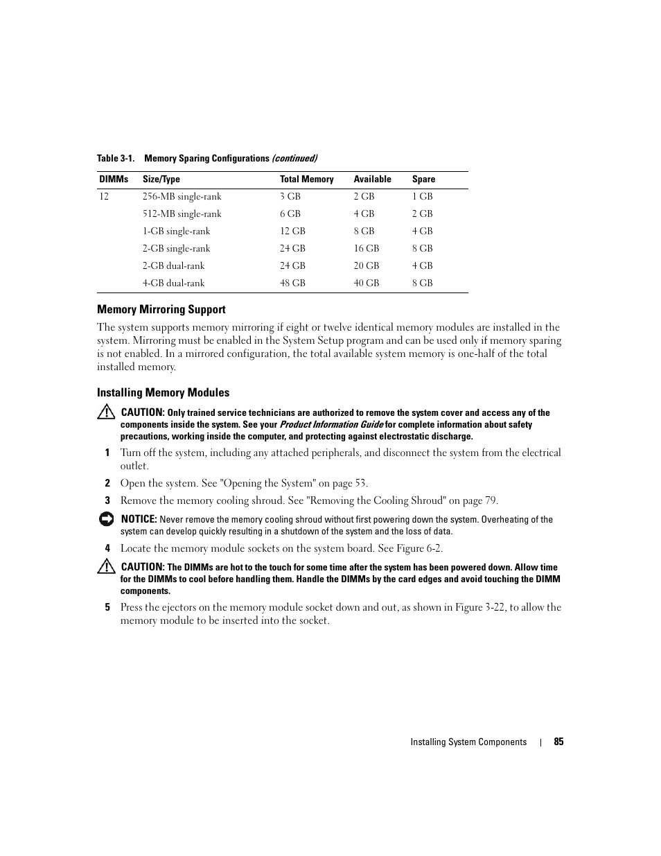 Memory mirroring support, Installing memory modules | Dell PowerEdge 2900 User Manual | Page 85 / 182