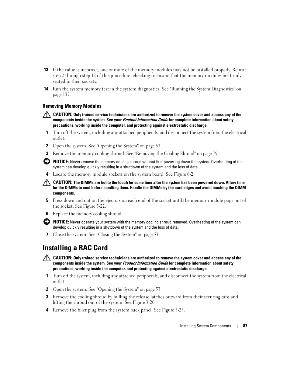 Removing memory modules, Installing a rac card | Dell PowerEdge 2900 User Manual | Page 87 / 182