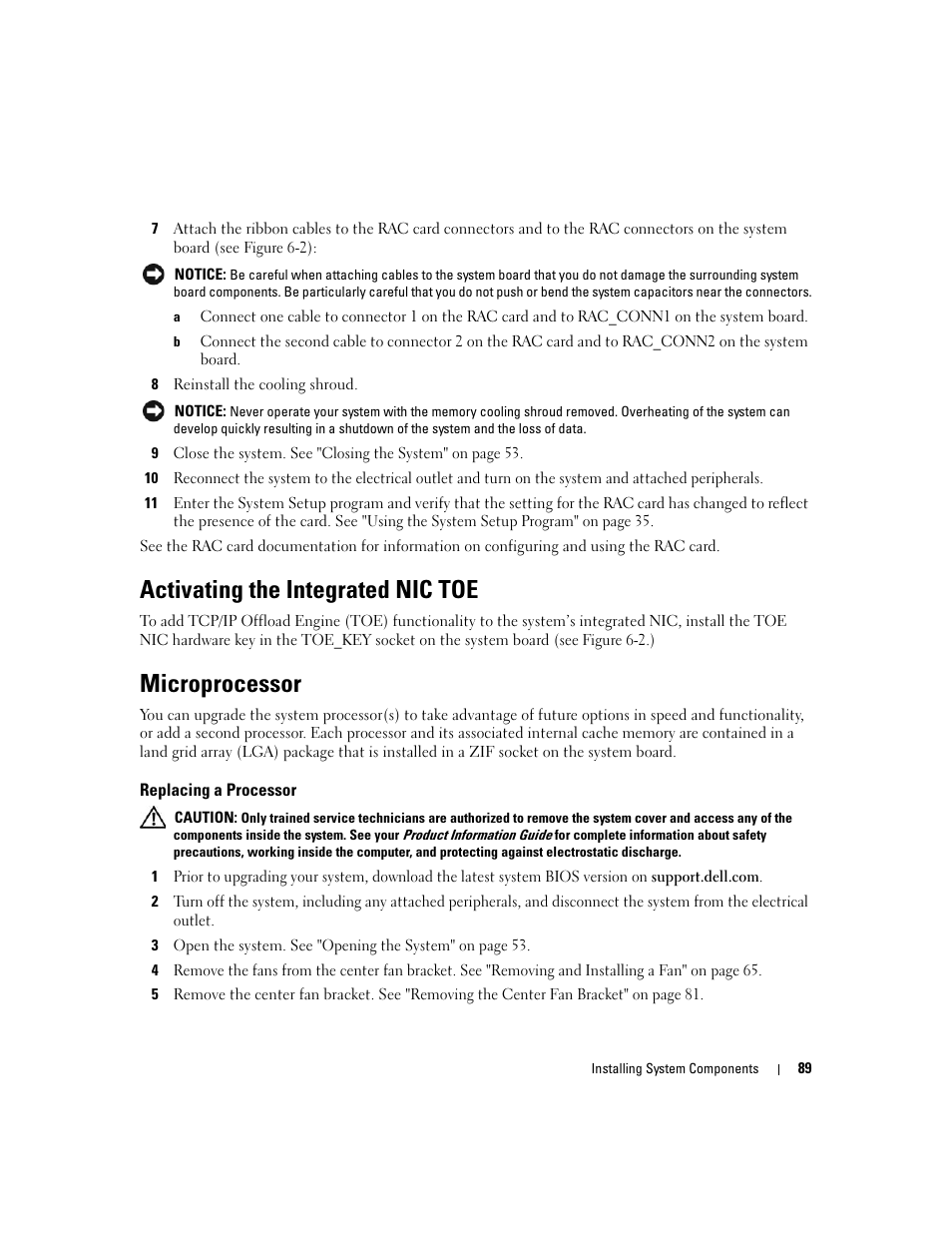 Activating the integrated nic toe, Microprocessor, Replacing a processor | Dell PowerEdge 2900 User Manual | Page 89 / 182
