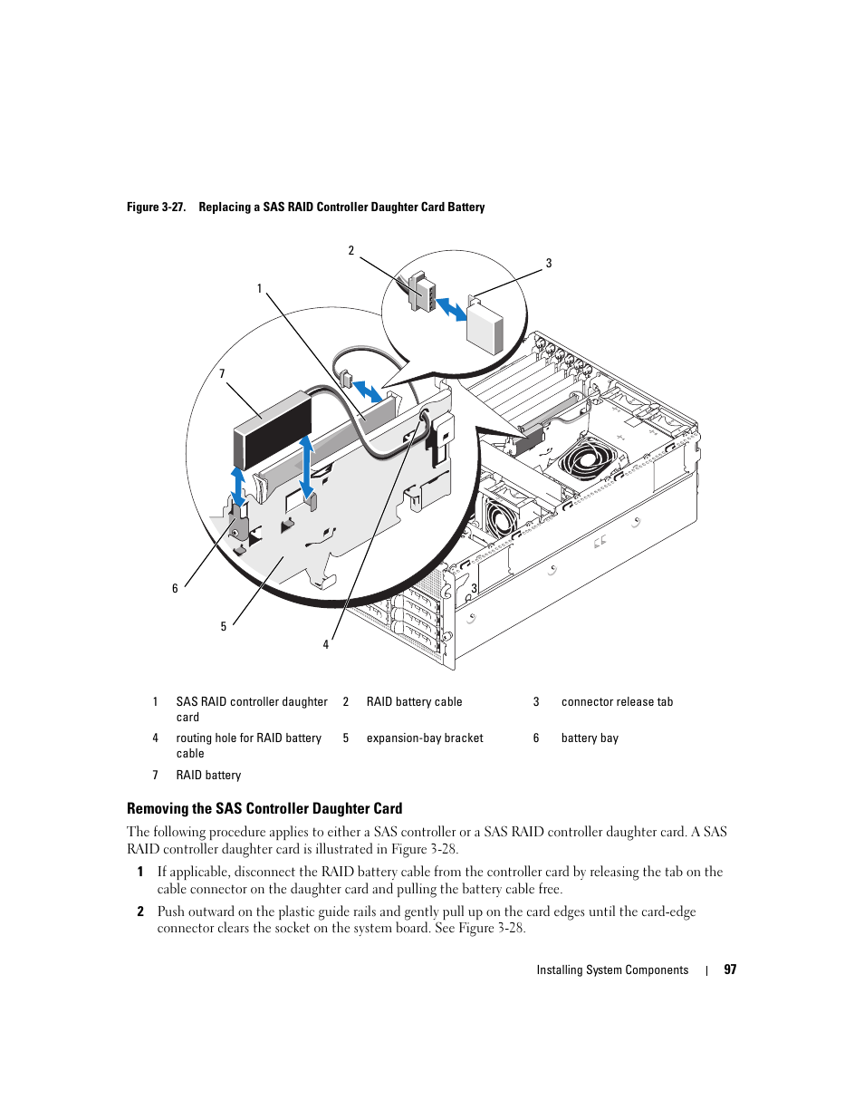 Removing the sas controller daughter card, Ee. see figure 3-27, See figure 3-27 | Slots. see figure 3-27, D. see figure 3-27 | Dell PowerEdge 2900 User Manual | Page 97 / 182