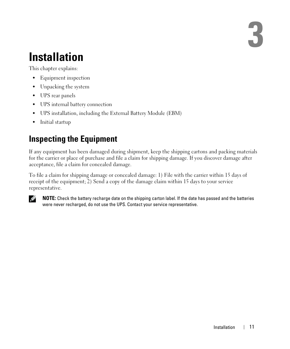 Installation, Inspecting the equipment | Dell UPS 500T User Manual | Page 11 / 63
