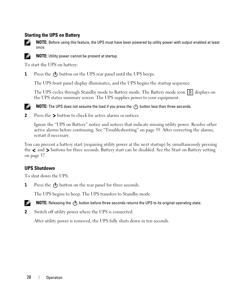 Starting the ups on battery, Ups shutdown | Dell UPS 500T User Manual | Page 28 / 63