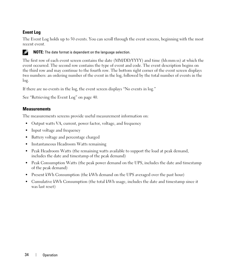Event log, Measurements | Dell UPS 500T User Manual | Page 34 / 63