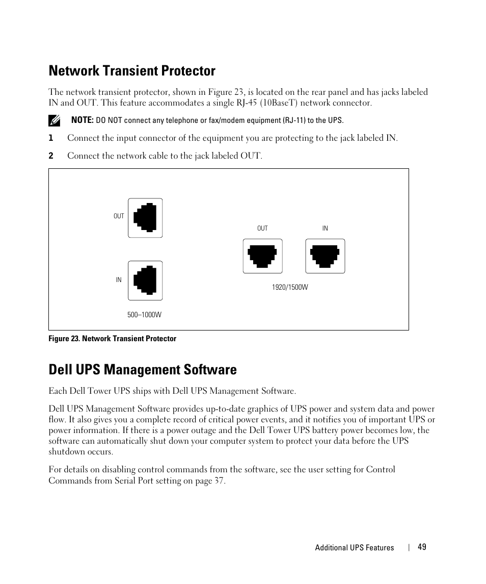 Network transient protector, Dell ups management software | Dell UPS 500T User Manual | Page 49 / 63