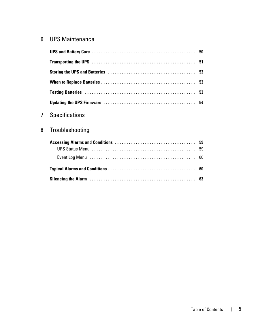 6ups maintenance, 7specifications 8 troubleshooting | Dell UPS 500T User Manual | Page 5 / 63