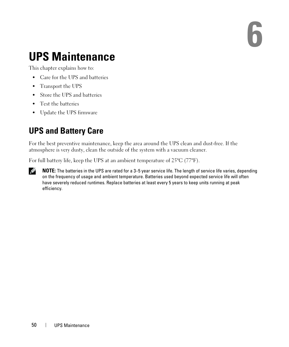 Ups maintenance, Ups and battery care | Dell UPS 500T User Manual | Page 50 / 63
