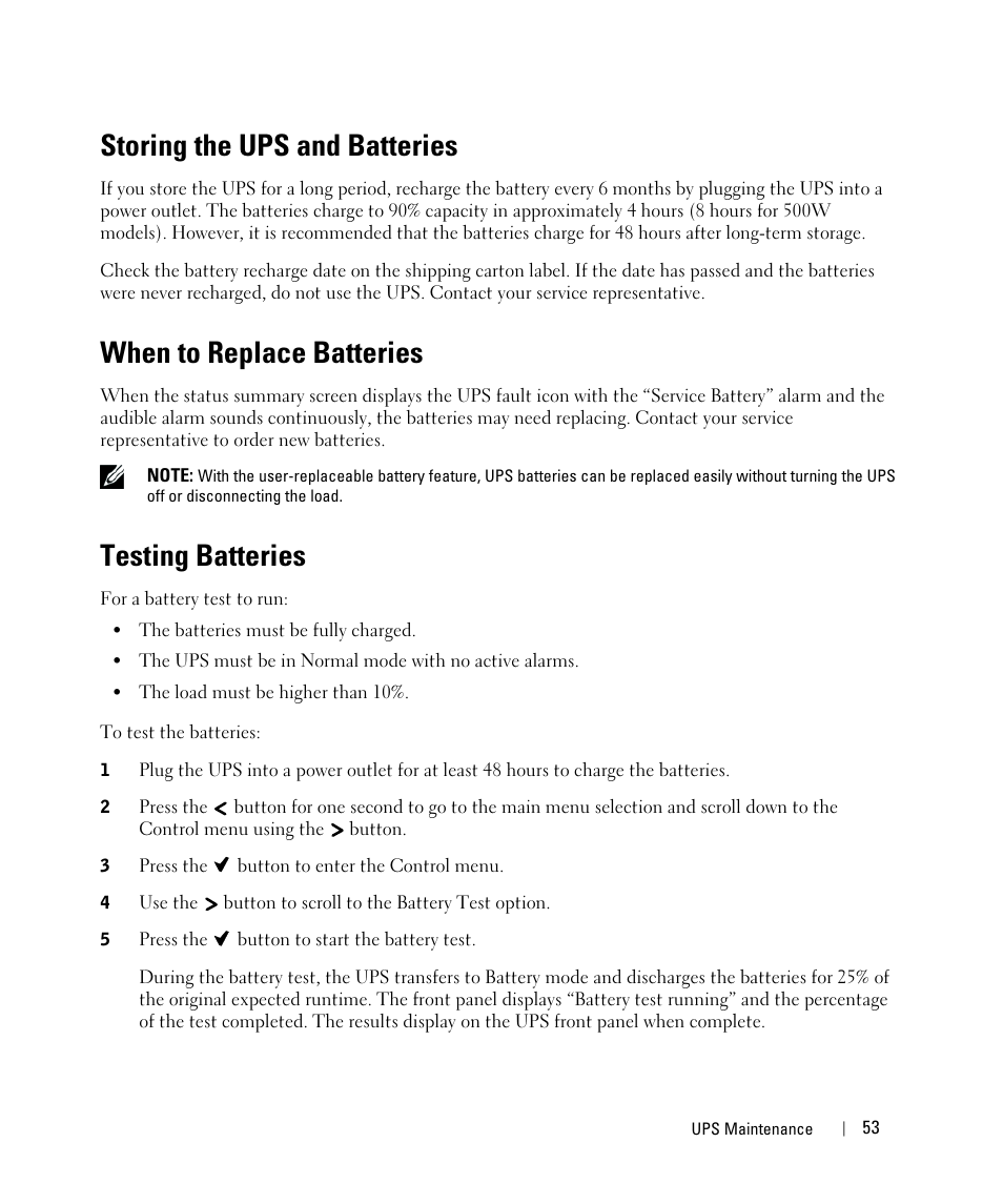 Storing the ups and batteries, When to replace batteries, Testing batteries | Updating the ups firmware | Dell UPS 500T User Manual | Page 53 / 63