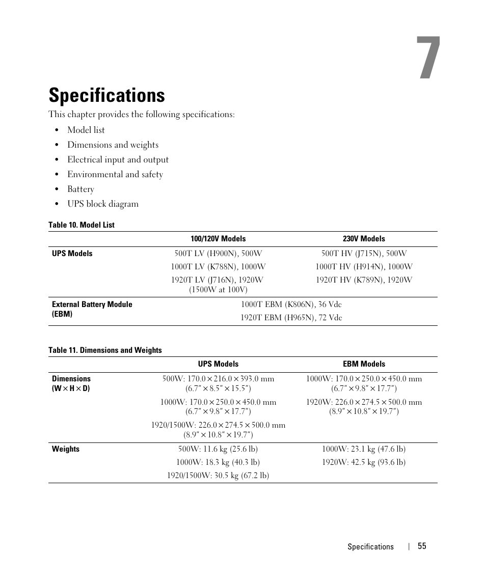 Specifications | Dell UPS 500T User Manual | Page 55 / 63