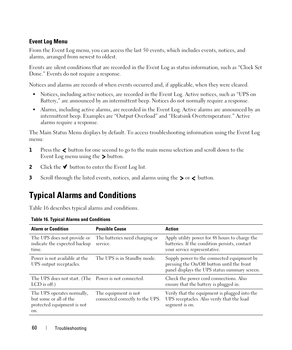 Event log menu, Typical alarms and conditions | Dell UPS 500T User Manual | Page 60 / 63