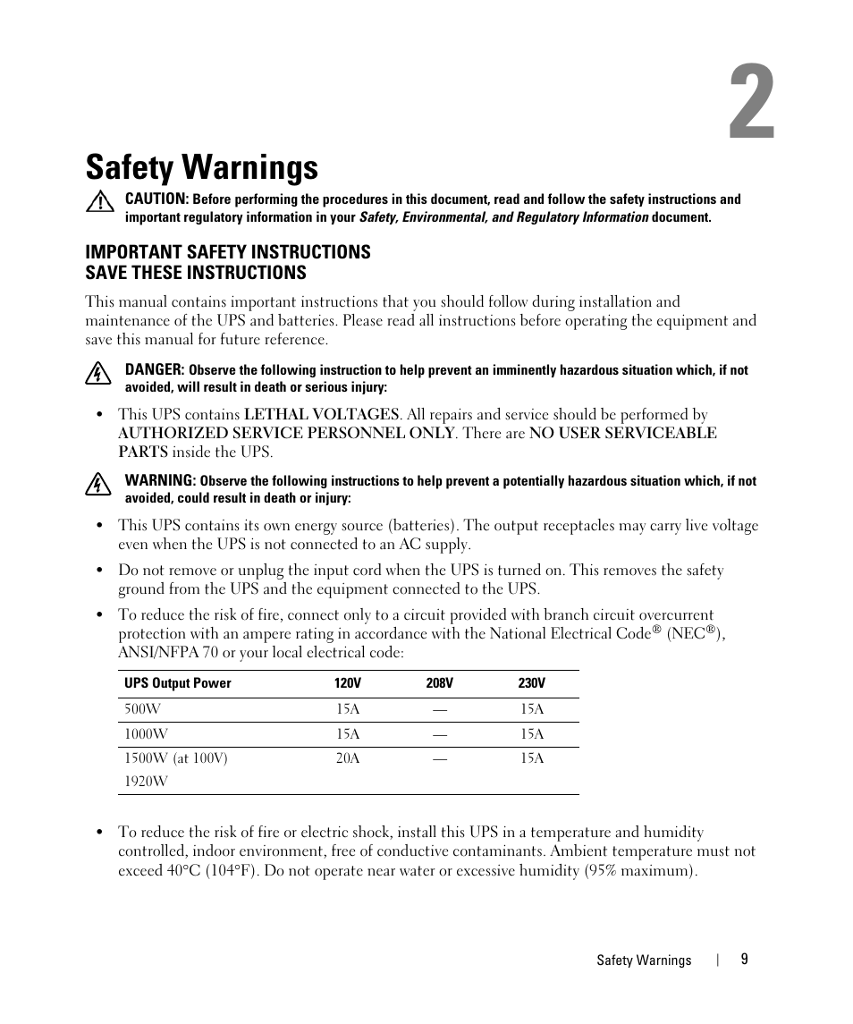 Safety warnings | Dell UPS 500T User Manual | Page 9 / 63