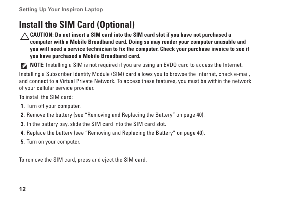 Install the sim card (optional) | Dell Inspiron 17 (N7010, Mid 2010) User Manual | Page 14 / 94