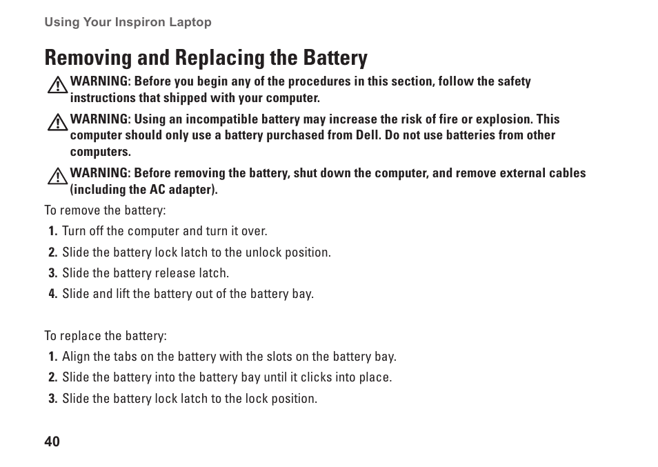 Removing and replacing the battery | Dell Inspiron 17 (N7010, Mid 2010) User Manual | Page 42 / 94