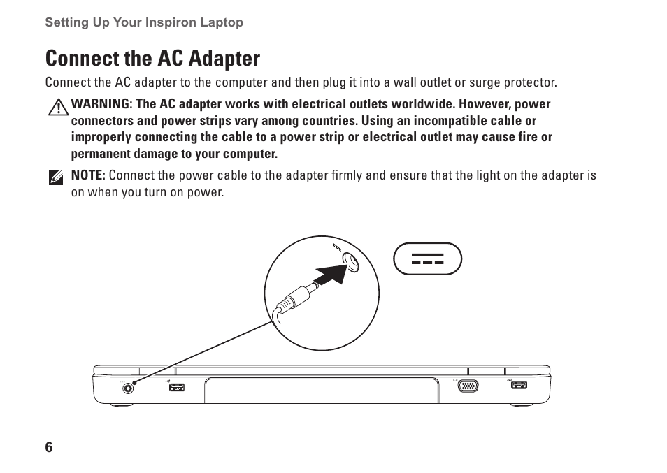 Connect the ac adapter | Dell Inspiron 17 (N7010, Mid 2010) User Manual | Page 8 / 94