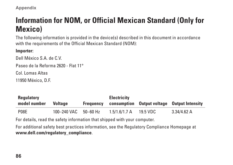 Information for nom, or official mexican, Standard (only for mexico) | Dell Inspiron 17 (N7010, Mid 2010) User Manual | Page 88 / 94