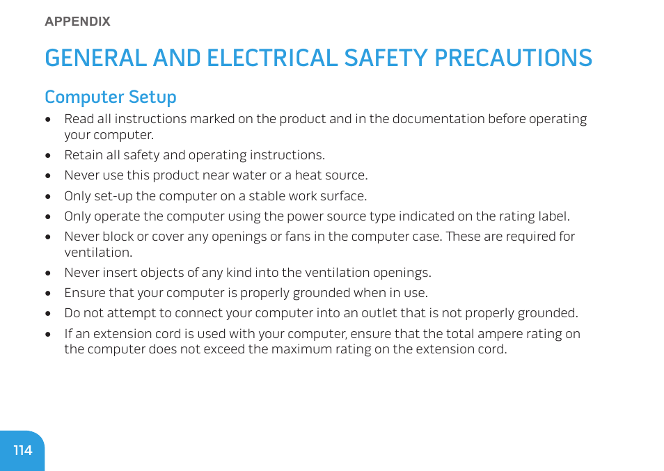 General and electrical safety precautions, Computer setup | Dell Alienware M14x (Early 2011) User Manual | Page 116 / 122