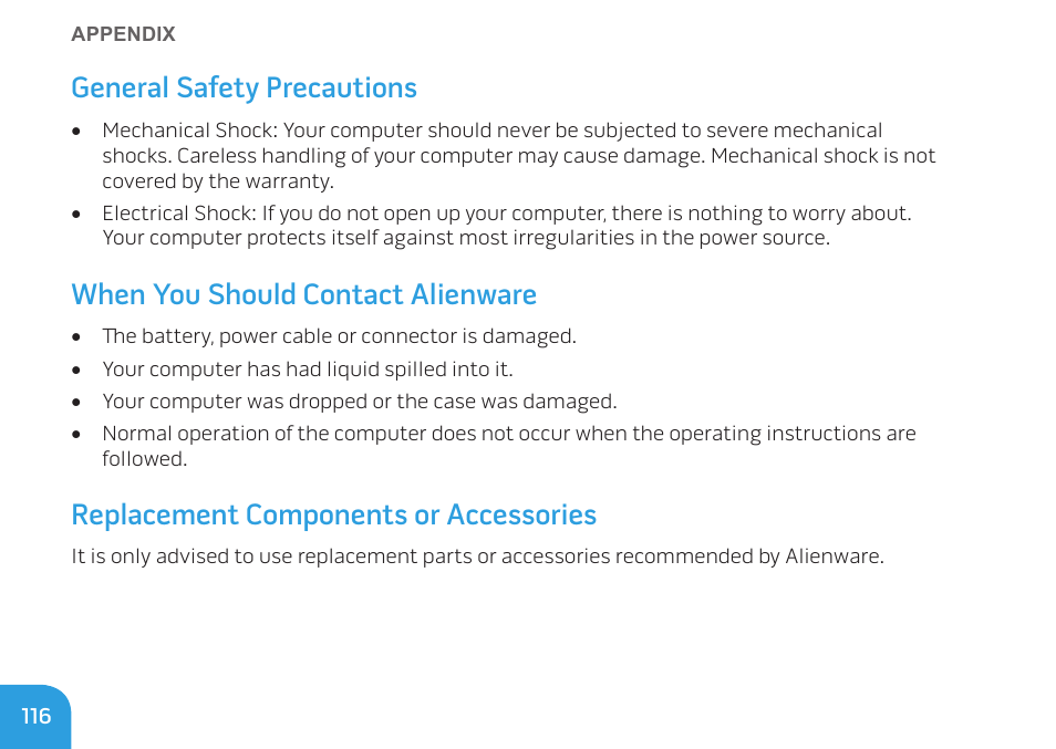 General safety precautions, When you should contact alienware, Replacement components or accessories | Dell Alienware M14x (Early 2011) User Manual | Page 118 / 122