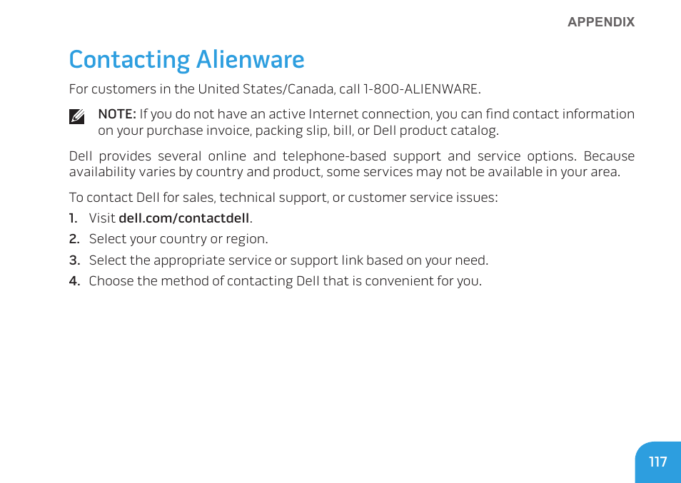 Contacting alienware | Dell Alienware M14x (Early 2011) User Manual | Page 119 / 122