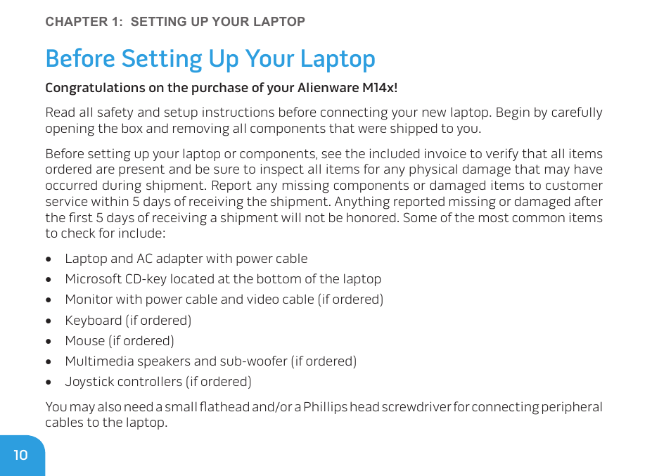 Before setting up your laptop | Dell Alienware M14x (Early 2011) User Manual | Page 12 / 122