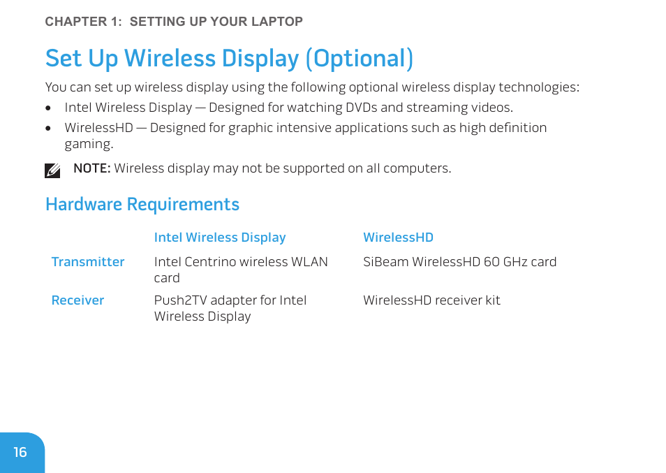 Set up wireless display (optional), Hardware requirements | Dell Alienware M14x (Early 2011) User Manual | Page 18 / 122