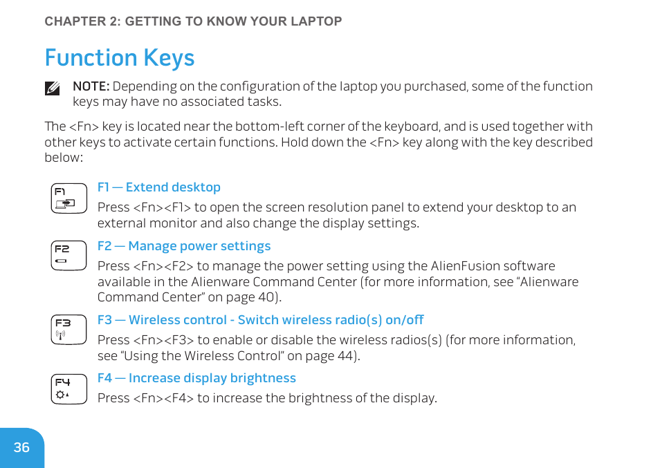 Function keys | Dell Alienware M14x (Early 2011) User Manual | Page 38 / 122
