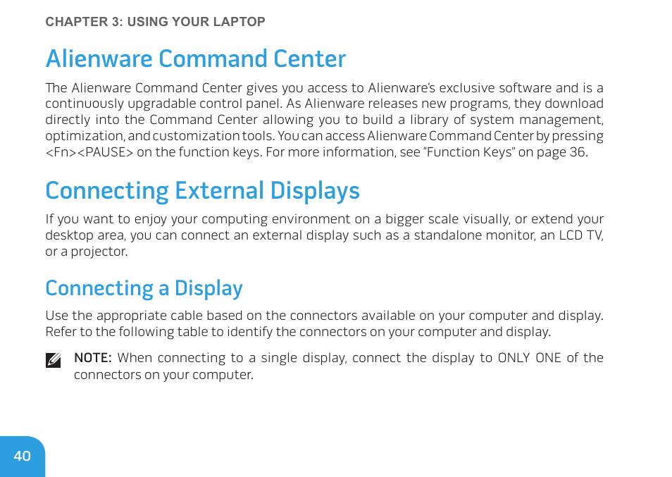 Alienware command center, Connecting external displays, Connecting a display | Dell Alienware M14x (Early 2011) User Manual | Page 42 / 122