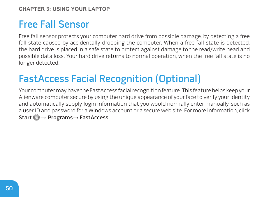 Free fall sensor, Fastaccess facial recognition (optional) | Dell Alienware M14x (Early 2011) User Manual | Page 52 / 122
