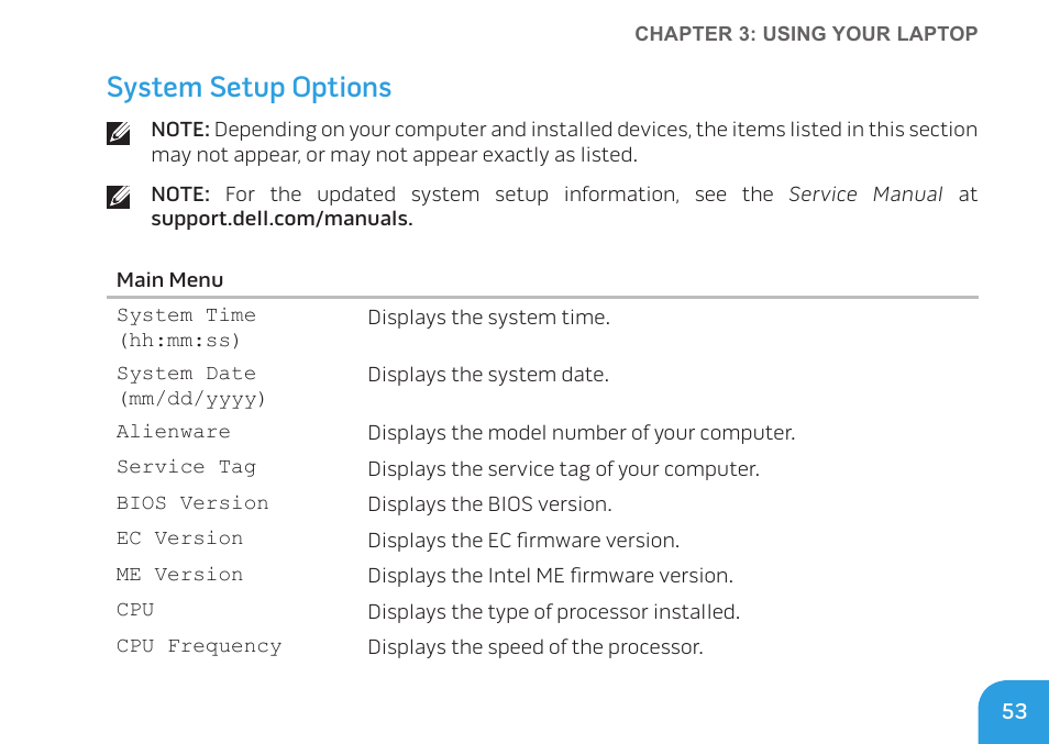 System setup options | Dell Alienware M14x (Early 2011) User Manual | Page 55 / 122