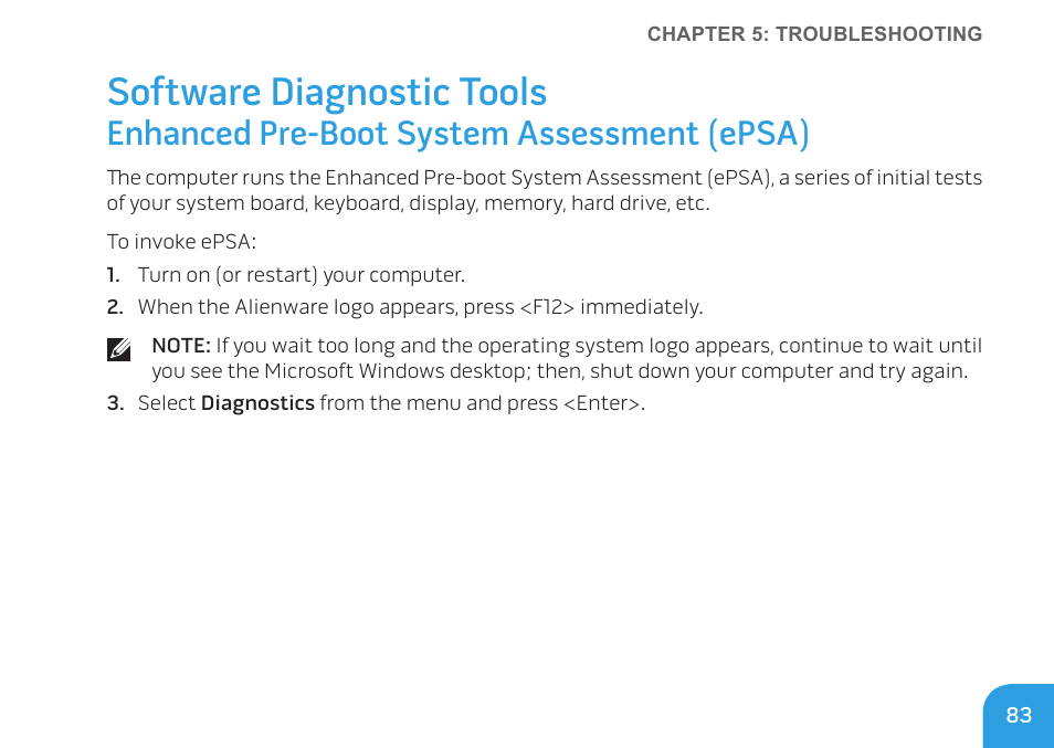 Software diagnostic tools, Enhanced pre-boot system assessment (epsa) | Dell Alienware M14x (Early 2011) User Manual | Page 85 / 122