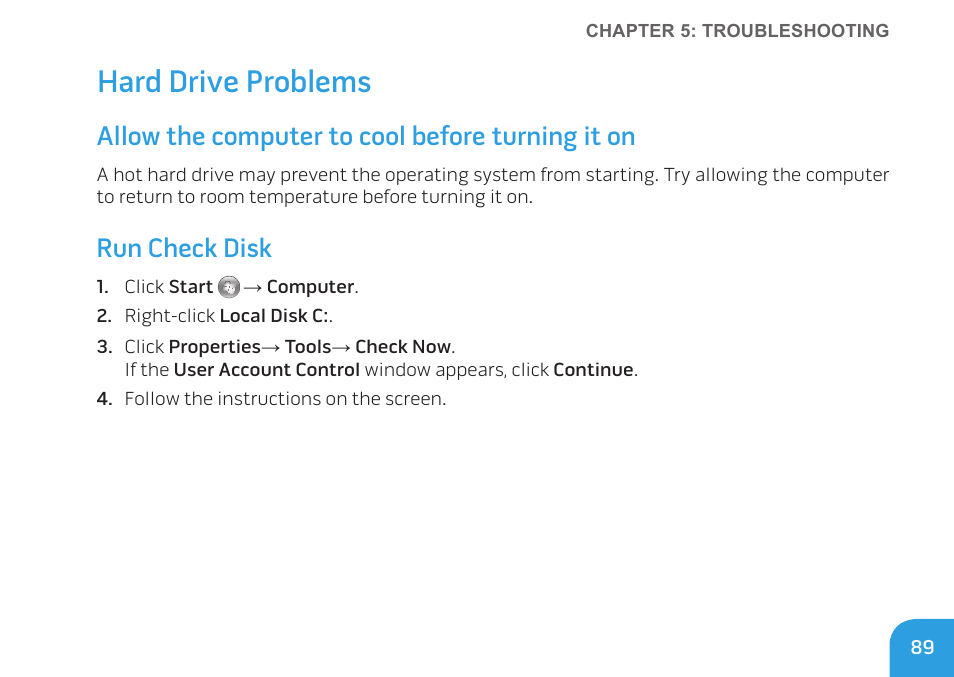 Hard drive problems, Allow the computer to cool before turning it on, Run check disk | Dell Alienware M14x (Early 2011) User Manual | Page 91 / 122