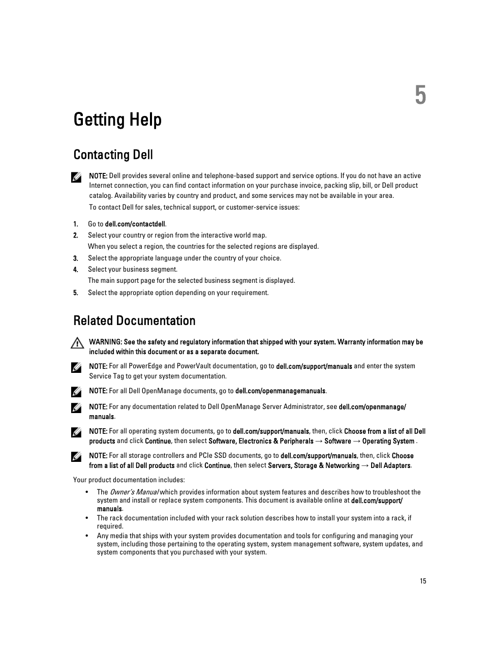 Getting help, Contacting dell, Related documentation | 5 getting help | Dell PowerVault NX3200 User Manual | Page 15 / 16