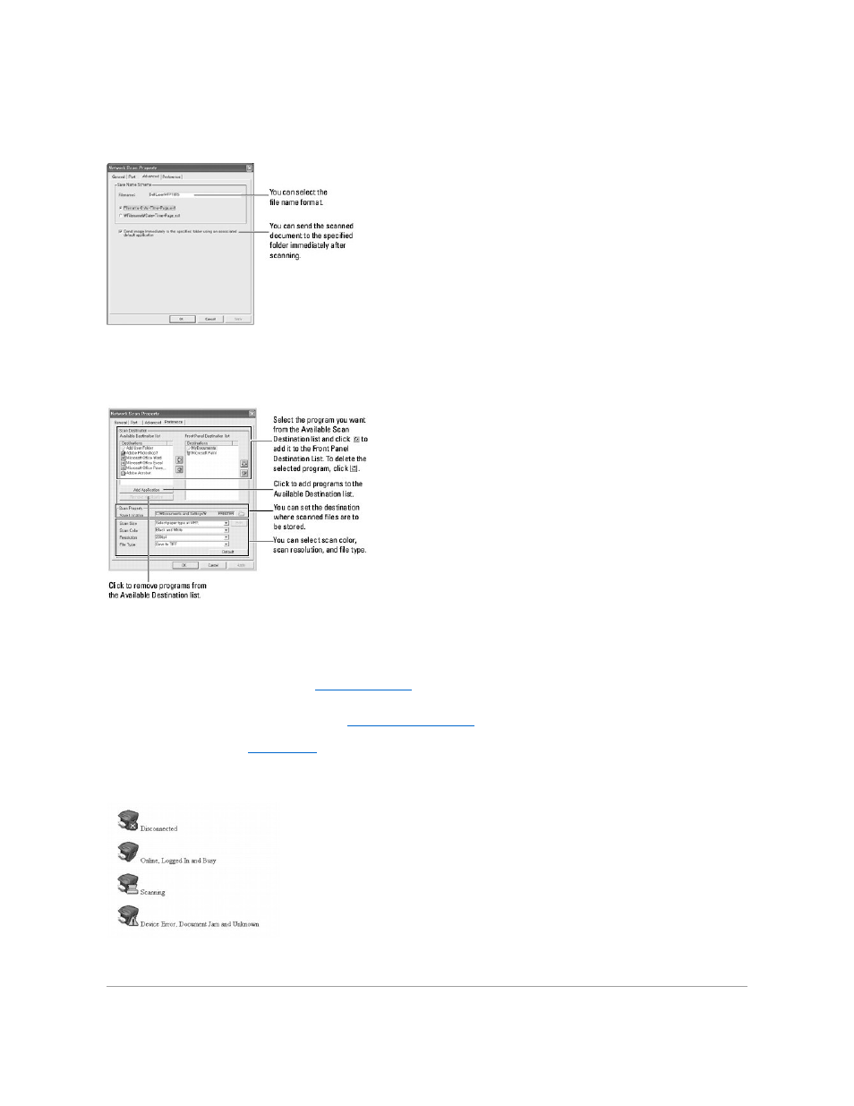 Advanced page, Preferences page, Scanning using network scan | Scanner icons | Dell 1815dn Multifunction Mono Laser Printer User Manual | Page 107 / 148