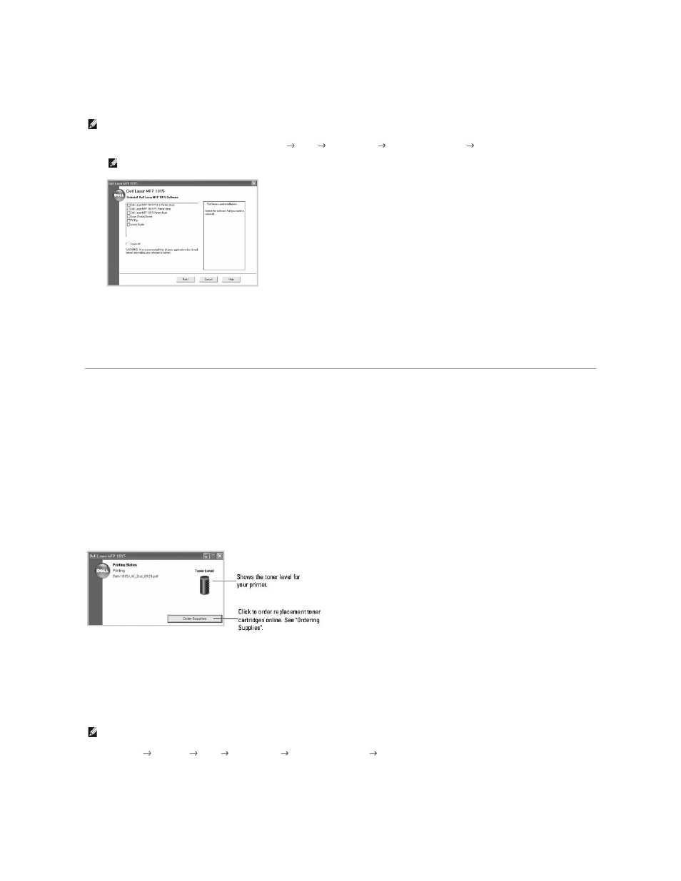 Network status monitor center, Note, Using the delltm toner | Management system, Using the dell toner management system, Local printer status monitor | Dell 1815dn Multifunction Mono Laser Printer User Manual | Page 124 / 148
